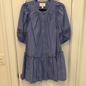Collarless Blue Button-Down Ruffle Dress